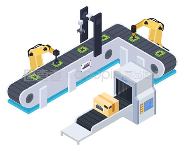 自動(dòng)化生產(chǎn)的機(jī)械裝置。控制輸送機(jī)上微芯片的智能機(jī)器。工廠生產(chǎn)和運(yùn)輸產(chǎn)品。平面式自動(dòng)化的矢量圖示。工廠自動(dòng)化生產(chǎn)的機(jī)械裝置